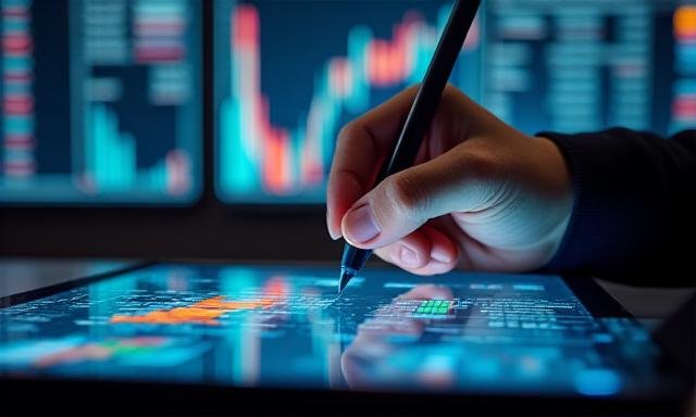 Financial analyst reviewing complex data charts on multiple monitors