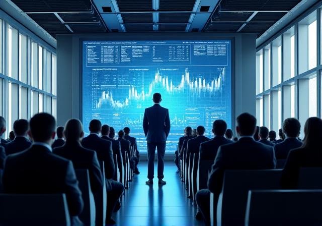 Professionals attending a financial summit keynote session