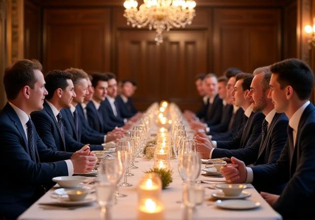 Professionals networking at a formal dinner hosted by Tundra Apex Finance